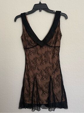 Vintage Y2K Black Tan Lace Overlay Mini Dress Size Small Whimsigoth Fairy Grunge